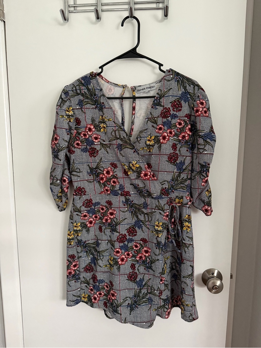 Almost Famous Gray Plaid Mini Dress with Pink and Yellow Floral Print
